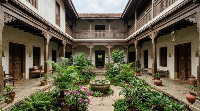 A traditional Indian courtyard with wooden pillars, plants, and a stone floor.