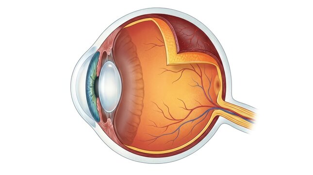 Human eye cross section anatomy model showing internal structure, displaying outer corneal layer, inner retinal membrane, main lens chamber, optic nerve tract, healthy biological vision organ.