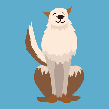 A cheerful cartoon dog with fluffy white and brown fur sits upright with a content smile on a blue background.