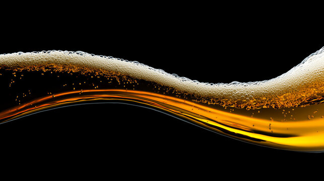 Golden beer wave with foam on a black background