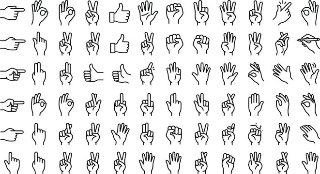 Hand Gestures Icon Set, Hand Signs Collection, Vector Outline Finger Symbols