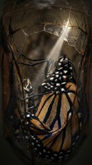 Obraz premium Butterfly cocoon shell, emerging monarch insect, fragile chrysalis casing, new life transformation, macro detail, development stage, metamorphosis process, natural birth.