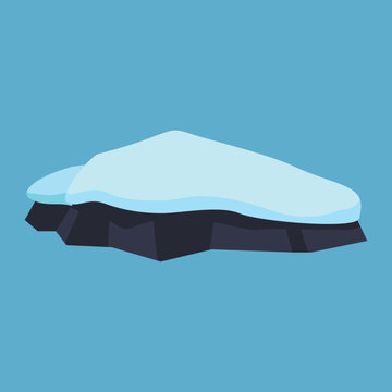 A flat design vector illustration of a small rocky island covered in snow, floating in blue water.