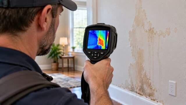 Home inspector examining water stained drywall wall using thermal imaging camera for hidden leaks.