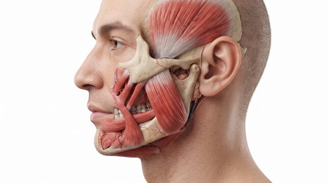 Detailed 3D Medical Illustration of Human Head Facial Muscles, Jawbone Anatomy and Temporalis System Profile
