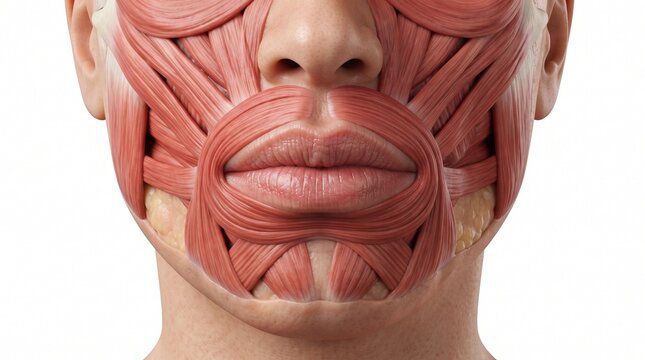 Human Facial Musculature Anatomy 3D Illustration showing detailed muscle structures of the human face and mouth