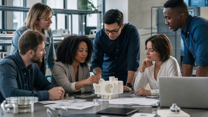 Obraz premium Diverse engineering team analyzing 3D printed prototype, creative designers collaborating in modern office, professional architects working on project