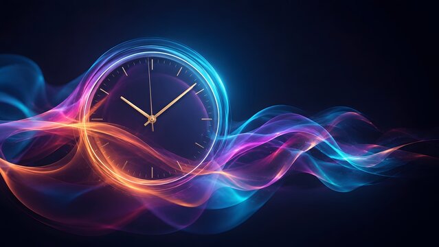 Elegant modern clock face with gold hands glowing amidst swirling abstract colorful fluid energy waves representing time moving fast and dynamic motion.