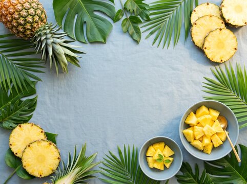 Vibrant tropical pineapple and lush green leaves creating a refreshing summer frame on a light blue background