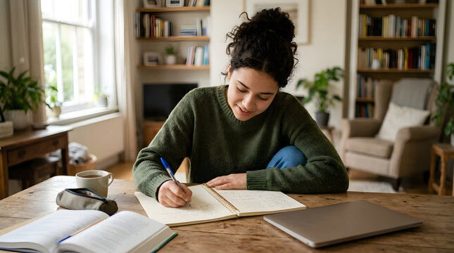 Focused young woman with curly hair writing in a notebook at a wooden table in a cozy home library setting with books, laptop, and coffee mug, illuminated by soft natural light.