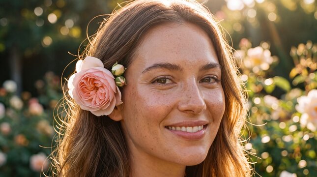 A smiling young woman with a pink rose tucked behind her ear in a garden with standing outdoors sunlit garden