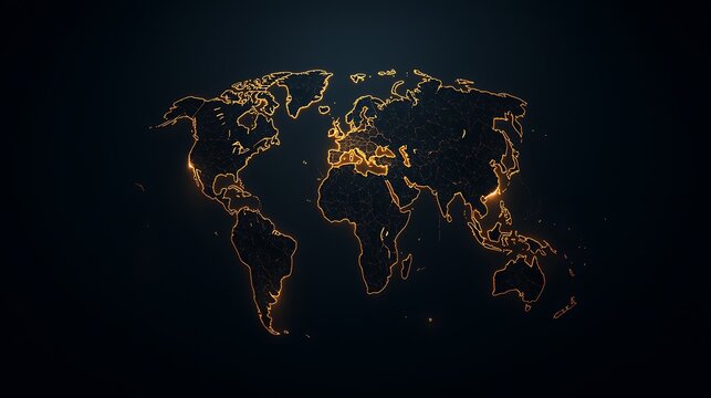 Glowing orange digital world map outline on black background.
