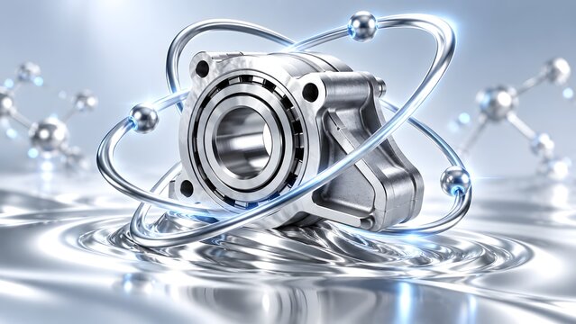 Shiny metallic mechanical bearing surrounded by orbiting atomic rings resting on a liquid metal surface representing precision engineering and advanced nanotechnology.