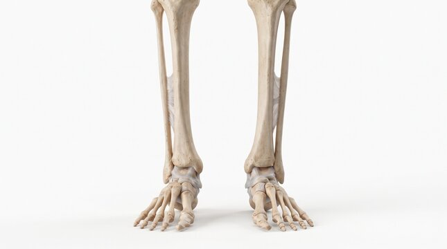 3D anatomical rendering of human lower leg and foot bones, front view. Shows tibia, fibula, and the foot skeleton for educational and medical study