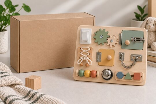 Wooden Montessori Busy Board Toy Packaging Mockup
