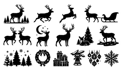 Fototapeta premium Scandinavian Reindeer Christmas Silhouette Icons and Winter Holiday Vector Set