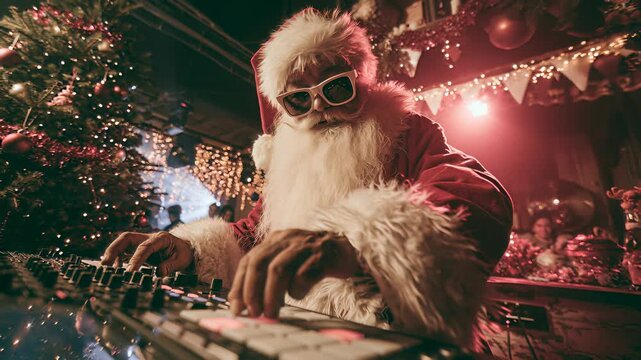 A DJ Santa Claus plays energetic music at a holiday party. The concept of festive entertainment, lively celebration, and joyful holiday spirit. Generative AI.