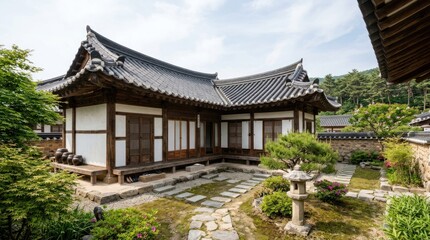 Obraz premium A traditional Korean house with a tiled roof and wooden walls, surrounded by lush greenery and a small pond.