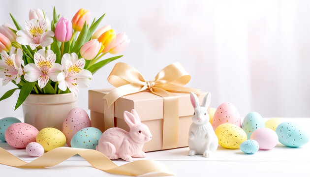 Ostergru&szlig; Stillleben mit Hasen, Eiern, Blumen und Geschenk