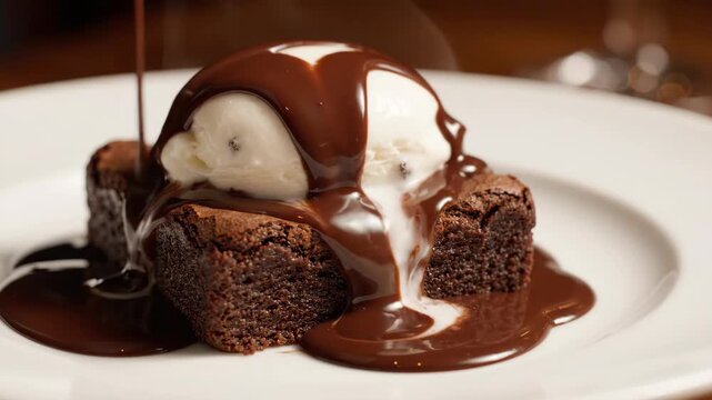Decadent chocolate brownie topped with vanilla ice cream and hot fudge sauce.