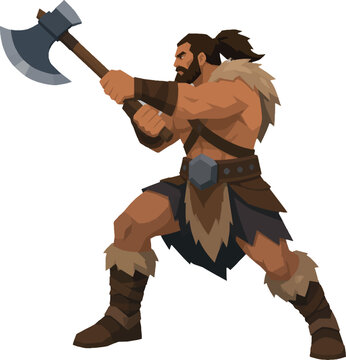 burly axeman swinging battle axe side profile facing left full body vector illustration