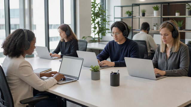 Professional call center team with headsets, diverse office employees working on laptops, modern corporate customer support workspace