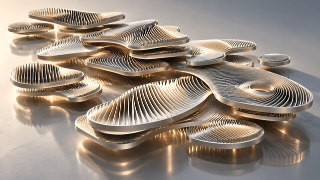 Abstract architectural model with organic layered shapes and metallic ribbed surface textures