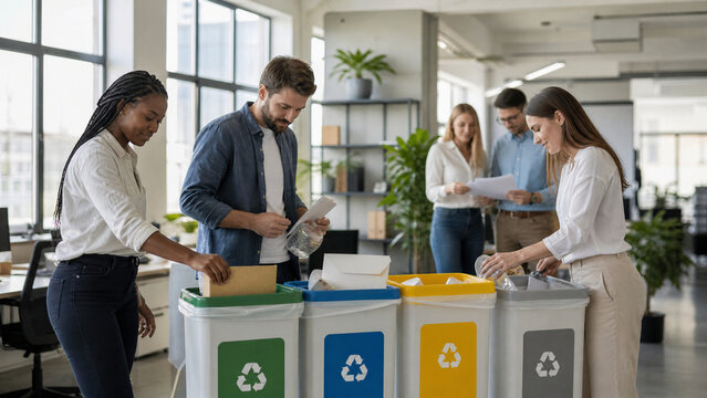 Sustainable office recycling, diverse colleagues sorting waste into colorful bins, corporate environmental responsibility