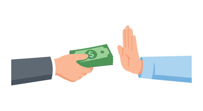 Anti bribery and corruption prevention illustration. Hand refusing money offered by another person, symbolizing honesty, ethical business practices, financial integrity, and rejection of illegal payme
