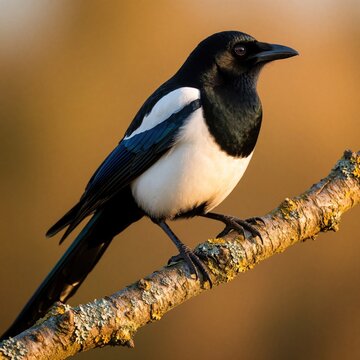 Black and white magpie bird sits on mossy tree branch in warm sunlight. Avian wildlife, nature, fauna detail, peaceful scene, natural beauty.