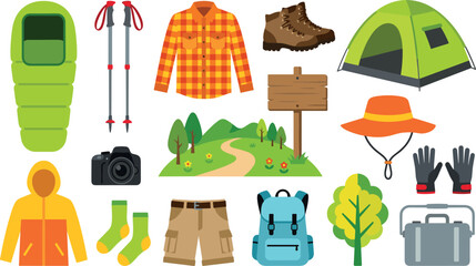 Fototapeta premium Camping and Hiking Outdoor Adventure Gear Vector Icon Set with Tent Sleeping Bag Backpack Boots and Landscape for Travel Tourism Graphic Designs