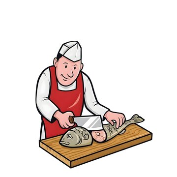 Sebuah Gambar ilustrasi sedang memotong ikan di atas talenan kayu.