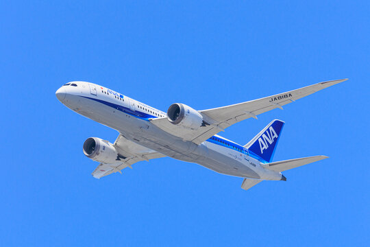 An All Nippon Airways (ANA) Boeing 787-8 Dreamliner (JA818A) banks gently with its raked wingtips flexed upward on June 28, 2026 in Tokyo, Japan.