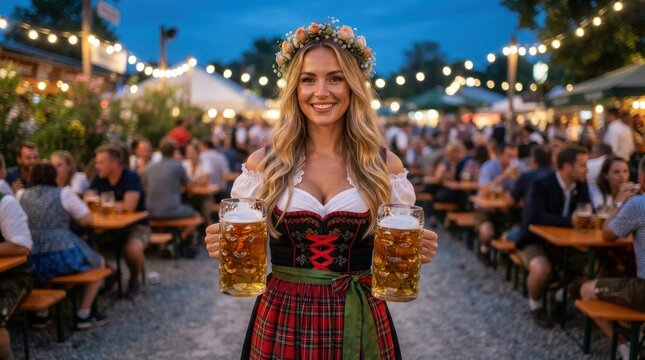 Woman in traditional Bavarian dress holding beer steins at Oktoberfest festival , Oktoberfest, St. Patrick&rsquo;s, Carnival