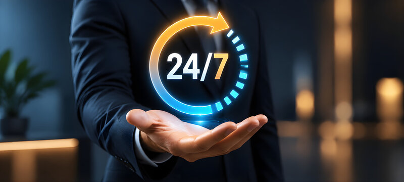 Businessman Holding Glowing 24 7 Service Icon Concept for Nonstop Support