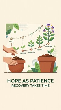 A flat vector illustration shows hands planting a small green seedling in a terracotta pot, accompanied by a growth timeline graph that visualizes the slow, non-linear process of recovery.