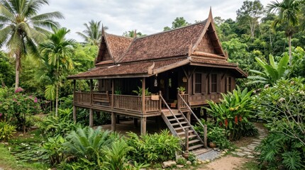 Obraz premium A traditional Thai house with wooden architecture and a thatched roof, surrounded by lush greenery and palm trees.
