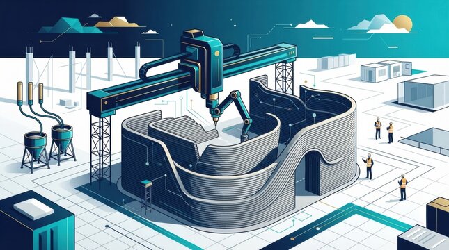 A printing robot constructs a 3D building while workers oversee the process in a digital construction setting.