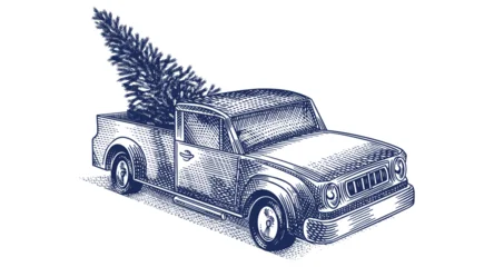 Christmas pick up truck delivery. Fully hand drawn engraving for holiday advertisement © artbalitskiy