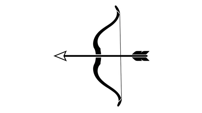 Black and white minimalist bow and arrow icon set, vector illustration. Hunting and archery sport symbols. Simple line art for web design. Medieval and outdoor target shooter logotype.