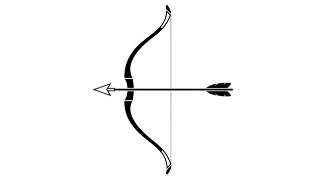 Black and white composite bow outline, vintage archery icon set with arrow illustration, vector symbol for hunting and sports, simple medieval weapons collection