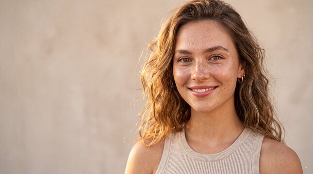 Portrait of a smiling young woman with wavy hair and freckles against a plain neutral background with light colored textured