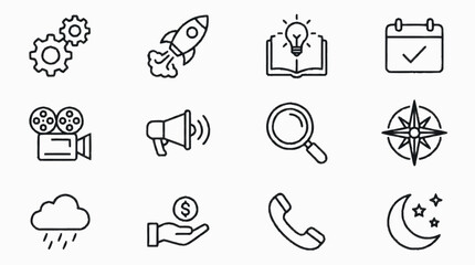 Obraz premium Elegant Black and White Line Icons Set Featuring 12 Minimalist Symbols for Web App or Presentation Design
