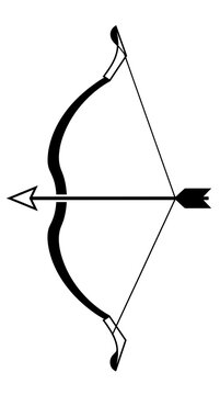 Vector bow and arrow silhouette, traditional archery set blacked out, isolated on white, hunting design icon, medieval symbol