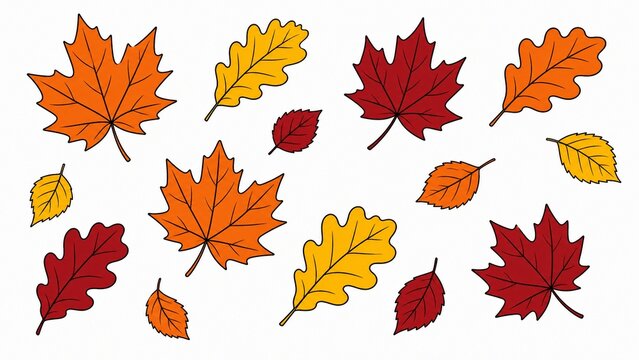 Autumn leaves collection, colorful fall foliage set on white background, maple and oak leaf illustrations for seasonal design