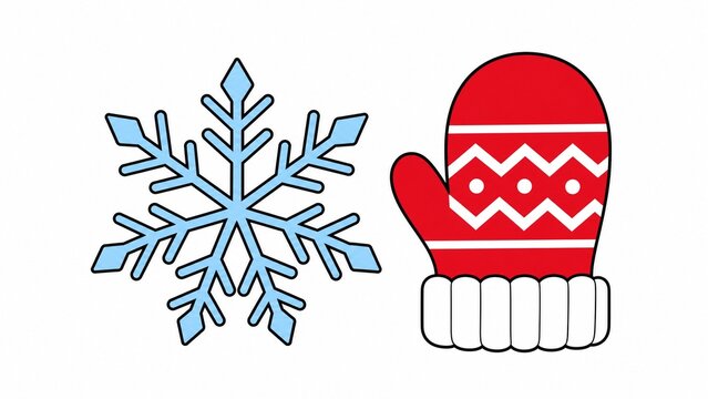 Winter snowflake and red mitten illustration, seasonal holiday icons on white background, cold weather clothing and ice crystal graphics