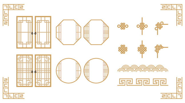 Asian Oriental Frame Vector Set with Korean Traditional Pattern, Hanok Door, and Hangeul