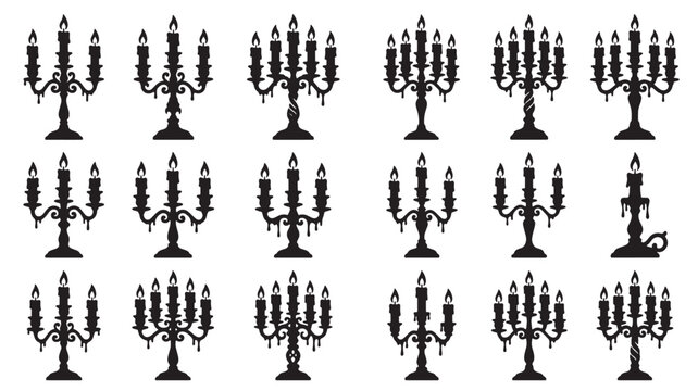 Candelabra silhouettes vector set of vintage candle holders with fire