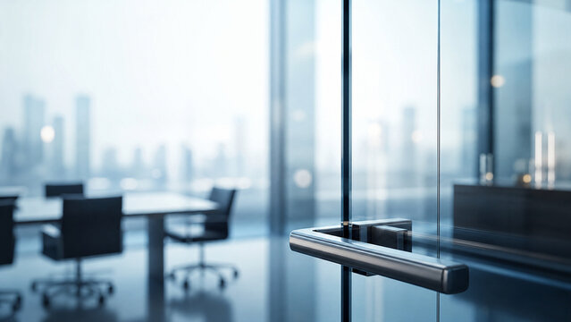 Modern glass office door with metal handle. Blurred corporate boardroom interior with city skyline view. Professional workspace background.