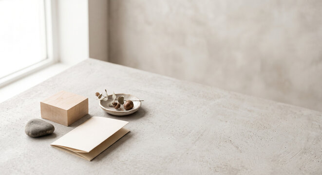 Minimalist concrete table mockup with wooden cube, stone, folded paper card, and massive copy space.